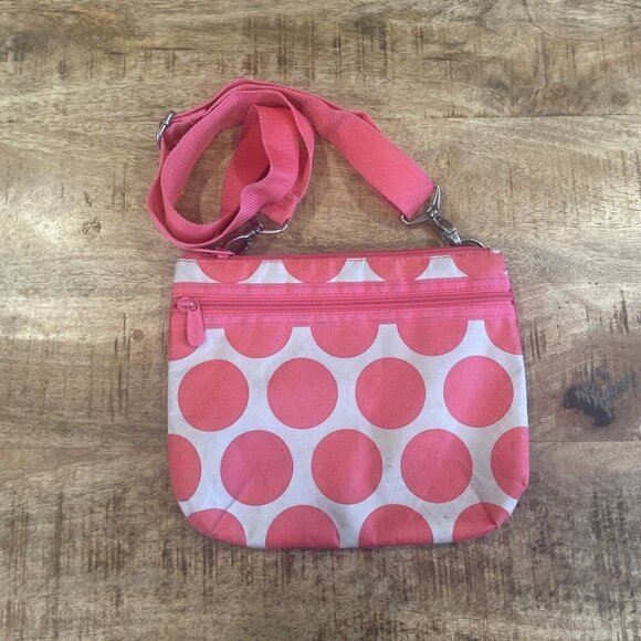 Thirty One 31 Mod Dot Crossbody Bag Pink Coral Nylon Small Adjustable Strap - Picture 2 of 10